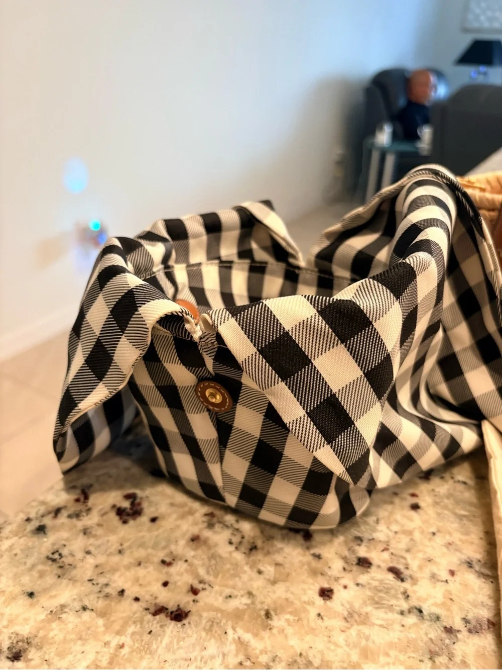 Tory Burch Tan Woven Mini Basket Bag with Black & White Gingham Scarf